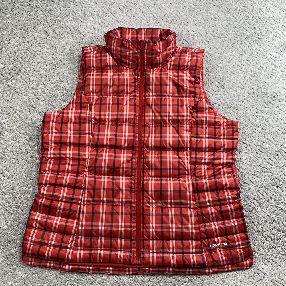 Lands End Womens Down Puffer Vest Large Red Plaid Quilted Zip Up Snap Pockets - Picture 2 of 10